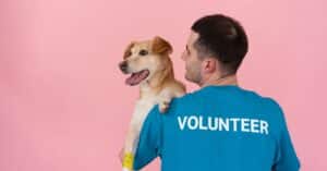 A cheerful volunteer holding a happy dog against a pink background.