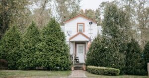 Facade of cottage with American flag among growing fir trees located near asphalt road in suburb
