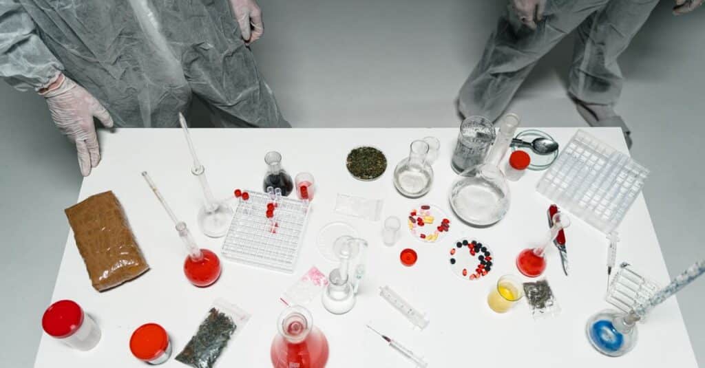 Top view of a laboratory setup with various scientific tools and substances, featuring researchers in lab coats.